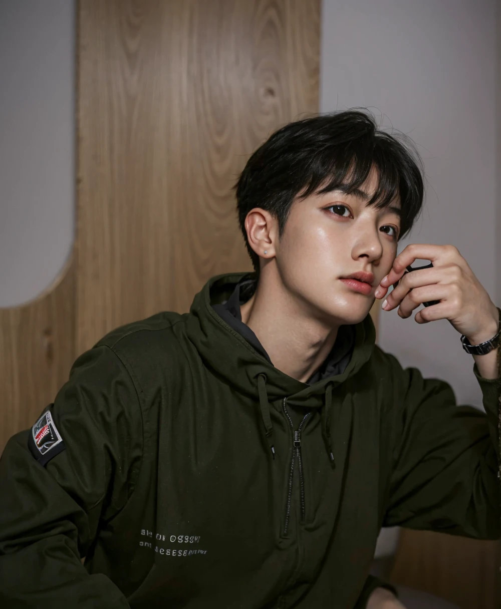 Wan cute Korean face, Jimin's Greek nose, Sung Yeon-joon, male Urzan, glowing red eyes, Kim Tae-joon, Choi Seo-kun, eyes full of helplessness, several red scars, (8k, RAW photo, best quality, mastery:1), (realistic, photo-realistic:1), ultra-detailed, (high detailed skin:1), 8k uhd, DSLR, soft light, thin, high quality, film grain, male idol.