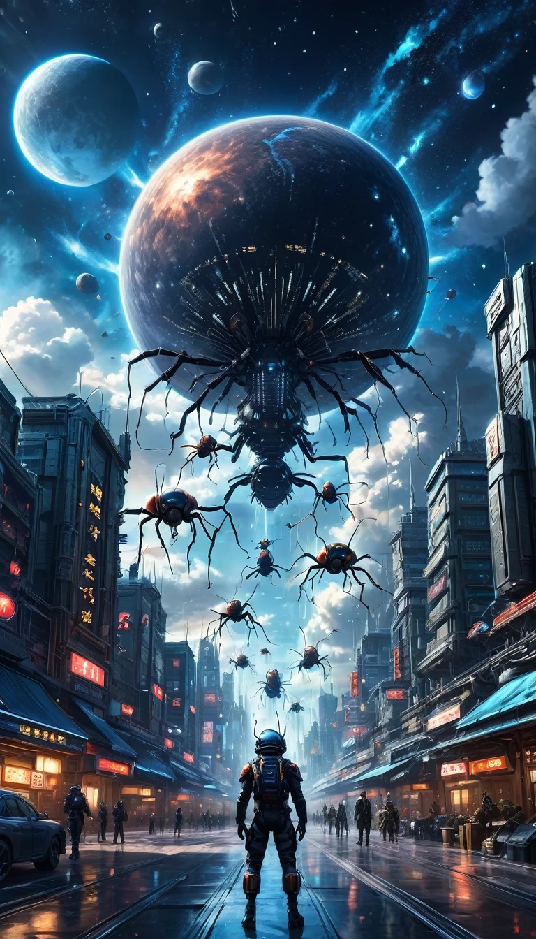 (best quality, 4K, Eight thousand, high resolution, masterpiece:1.2), Extremely detailed, (Practical, фотоPractical, фотоPractical:1.37),Giant ants break through the clouds,Large target, Like a planet,ультраPractical реализм,Epic dreams,Beautiful sci-fi art,Science fiction, number艺术,Futuristic starry sky background,Beautiful sci-fi art, sci-fi number艺术 illustration, number赛博朋克艺术, Science fiction, number, футуристическая number, Futuristic Concept Art, In front of the starry sky in the sci-fi city, Science fiction, number艺术, передовое number艺术 киберпанка, Cyberpunk style fantasy ants