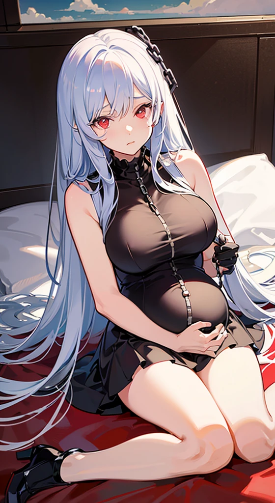 one pregnant anime girl with white hair and red eyes, chained and laying on a bed. Sad. breast feeding