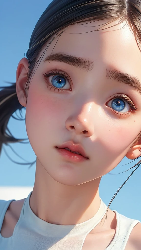 One Girl,(1人のとてもcute女の子:1.3),masterpiece,Highest quality,High resolution,From below,Photorealistic,RAW Photos,Ray Tracing,beautiful girl,(15 years old:1.3),cute,Big eyes,(detailed pupils:1.2),(The face is facing straight ahead:1.3),Body facing forward,Beautiful nose,Fuller lips,Short black hair,ponytail,short hair,Detailed eyelashes,Thin eyebrows,Very fine grain definition,(Symmetrical eyes:1.3),(Face close-up,Face Focus:1.0),Small breasts,Short neck,White swimsuit,White Bikini,The background is the sea,Southern Island,Blue sky,White cloud,Portrait,View Viewer,Upper Body,Cinema Lighting,High resolution,Very detailed