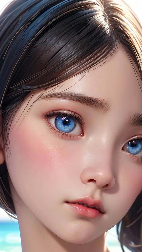 One Girl,(1人のとてもcute女の子:1.3),masterpiece,Highest quality,High resolution,From below,Photorealistic,RAW Photos,Ray Tracing,beautiful girl,(15 years old:1.3),cute,Big eyes,(detailed pupils:1.2),(The face is facing straight ahead:1.3),Body facing forward,Beautiful nose,Fuller lips,Short black hair,ponytail,short hair,Detailed eyelashes,Thin eyebrows,Very fine grain definition,(Symmetrical eyes:1.3),(Face close-up,Face Focus:1.0),Small breasts,Short neck,White swimsuit,White Bikini,The background is the sea,Southern Island,Blue sky,White cloud,Portrait,View Viewer,Upper Body,Cinema Lighting,High resolution,Very detailed