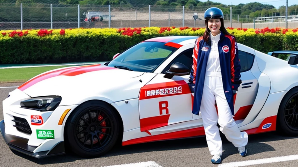 Woman in racing suit, background is racing field, full body type, racing car, gekiga anime, poor Miwa-ko, crowd, mechanic, helmet, smiling, Supra,