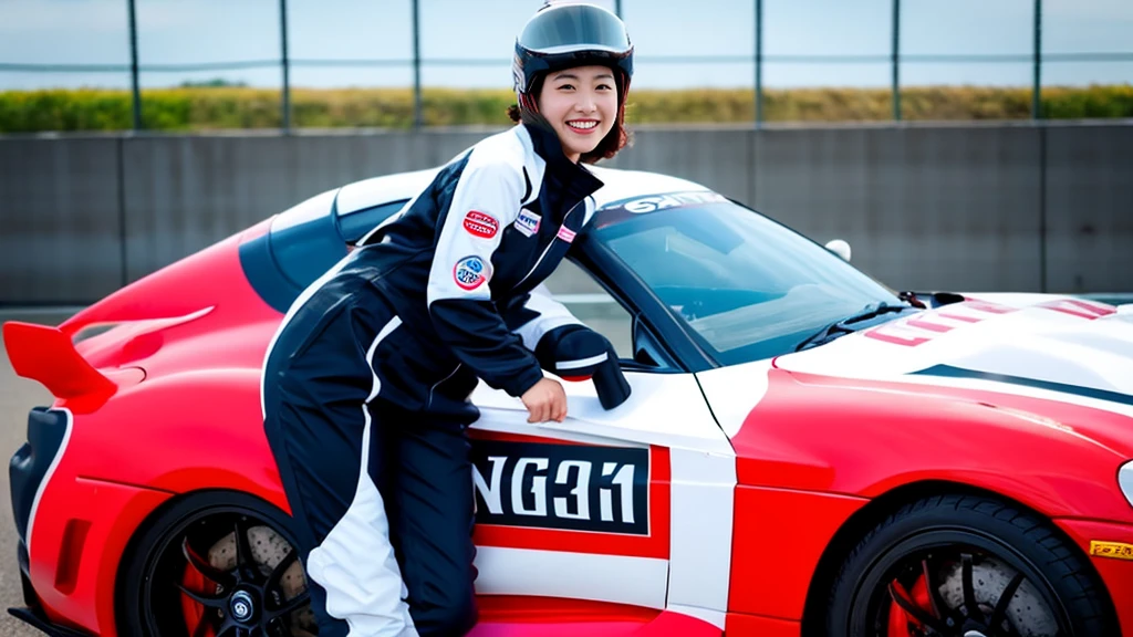 Woman in racing suit, background is racing field, full body type, racing car, gekiga anime, poor Miwa-ko, crowd, mechanic, helmet, smiling, Supra,