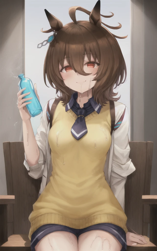 (masterpiece),(Highest quality),High resolution,(Very delicate and beautiful),(Very detailed), alone, Agent Tachyon \(umamusume\) Wearing an earring in one ear, Sleeves longer than the wrist, Collared shirt, Yellow sweater vest, Black Short Tie, ジッパー付きの白いオープンWhiteとベストの下に黒いパンスト. She is in a dark lab. She is sitting on a chair and holding a small bottle. Close your mouth and laugh softly, View your viewers,Do the splits,パイパンPussy,pussy,Pussy,Crotch,spreading regs,White,おPussy,wet pussy,NSFW,naked,vagina