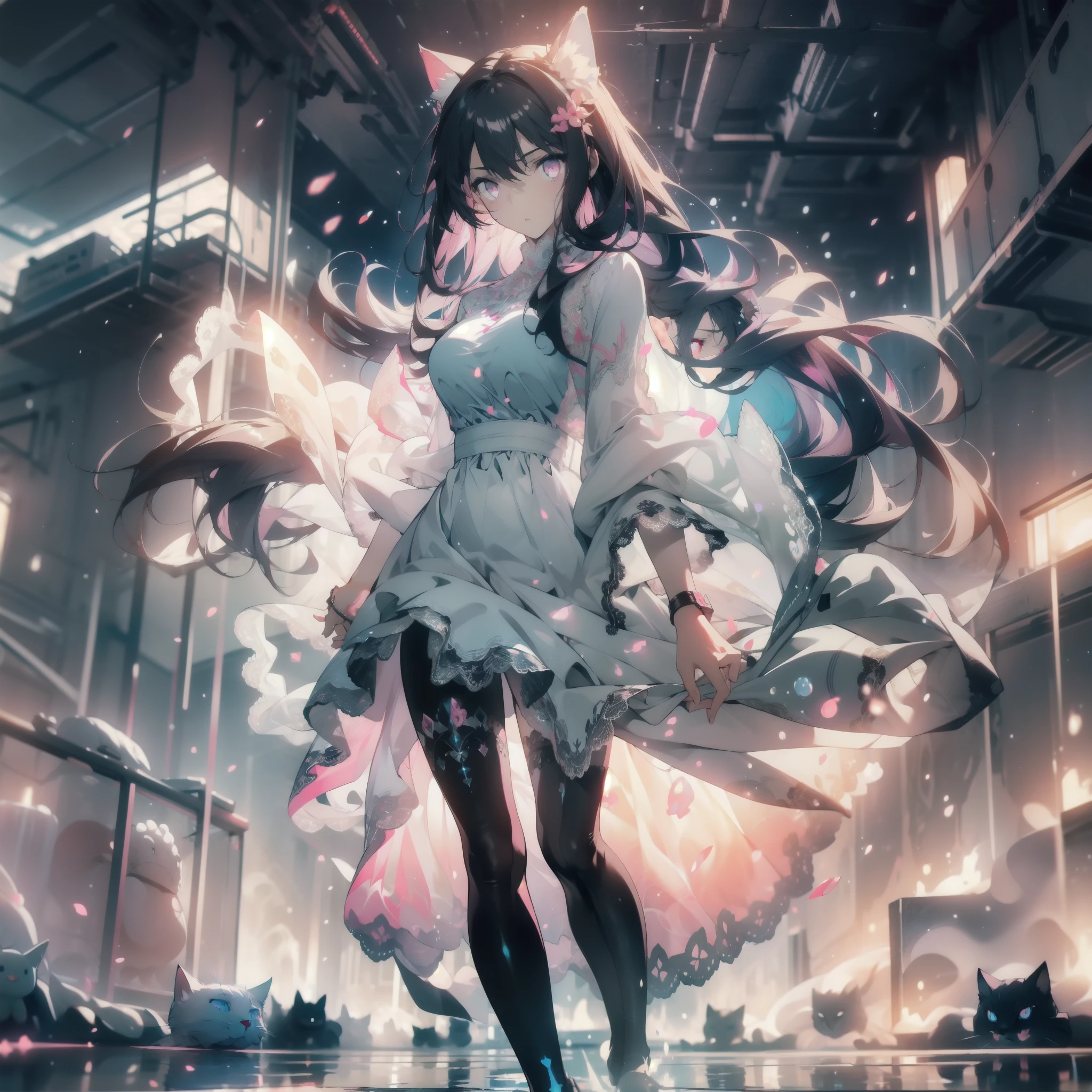 ((masterpiece, best quality)), Epic battlefield atmosphere，Delicate face，Cat girl，whole body，Standing picture，glowing pink eyes，Large Breasts，Gradient white long wavy hair，Perfect body proportions，Pure white background，Water Ripples，Lace，Plush toys
