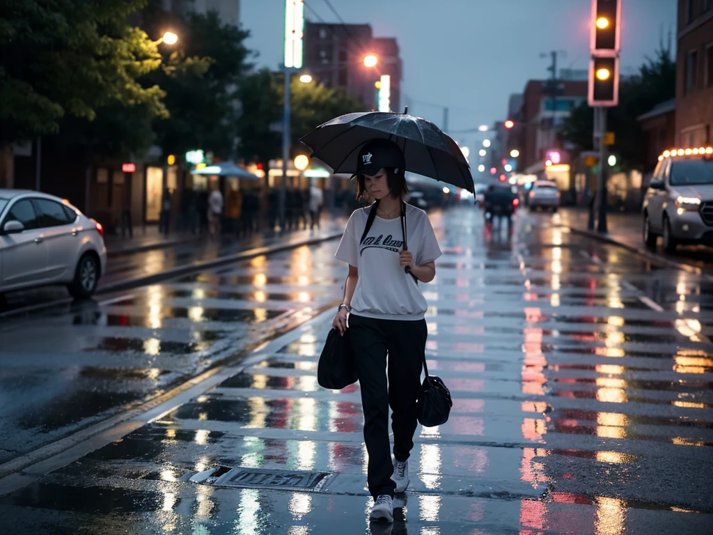 A girl,night,Walking on the street,With a baseball cap,In the Rain,With an umbrella,Solitary