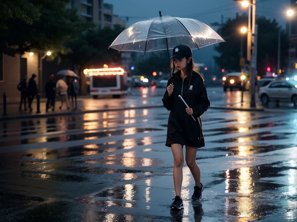 A girl，night，Walking on the street，With a baseball cap，In the Rain，With an umbrella，Solitary