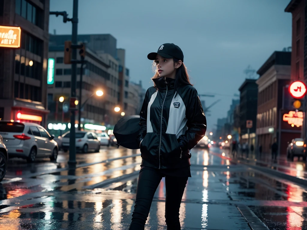 A girl,night,Walking on the street,With a baseball cap,In the Rain,With an umbrella,Solitary