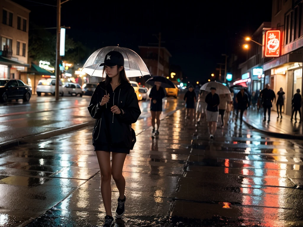 A girl,night,Walking on the street,With a baseball cap,In the Rain,With an umbrella,Solitary