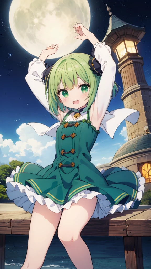 Green short hair girl, green witch clothing, pointed somorero, happy, arms towards the sky, evening