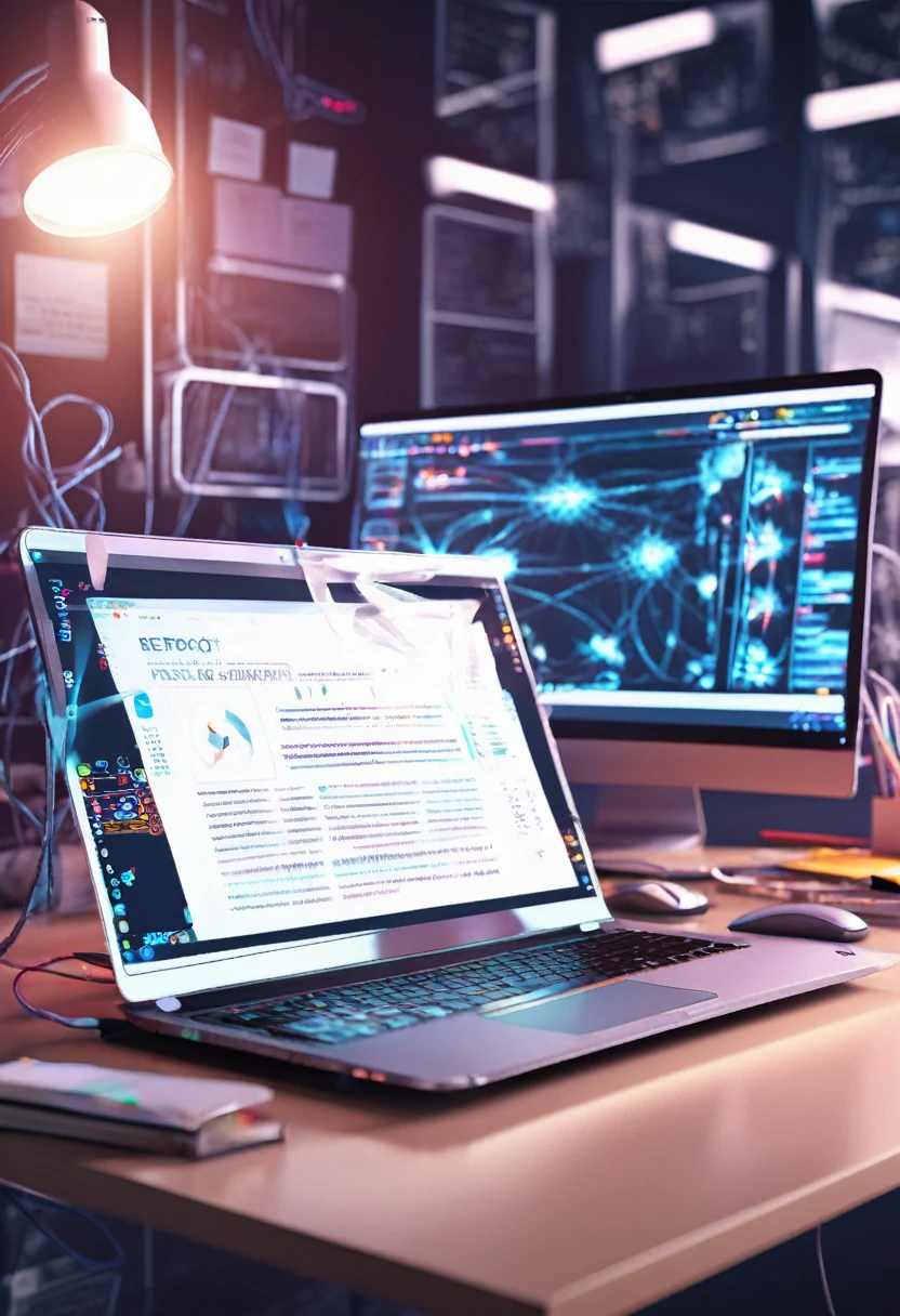 A modern laptop on a desk, with the screen showing a reboot error message. Next to the laptop, an old desktop computer with various software update notification icons flashing on the screen,background A messy workspace, with papers, cables and other electronic objects on the surface, soft lighting, soft details, futuristic air.