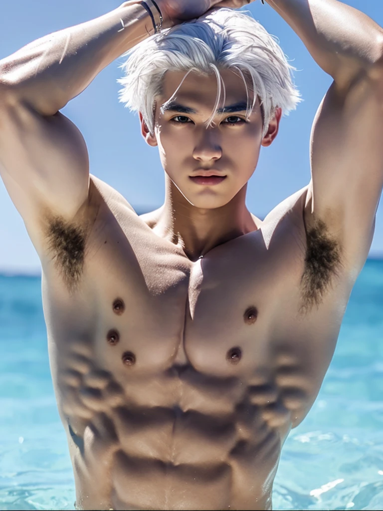 Shirtless muscular man with white hair and water-colored eyes, lifted arms