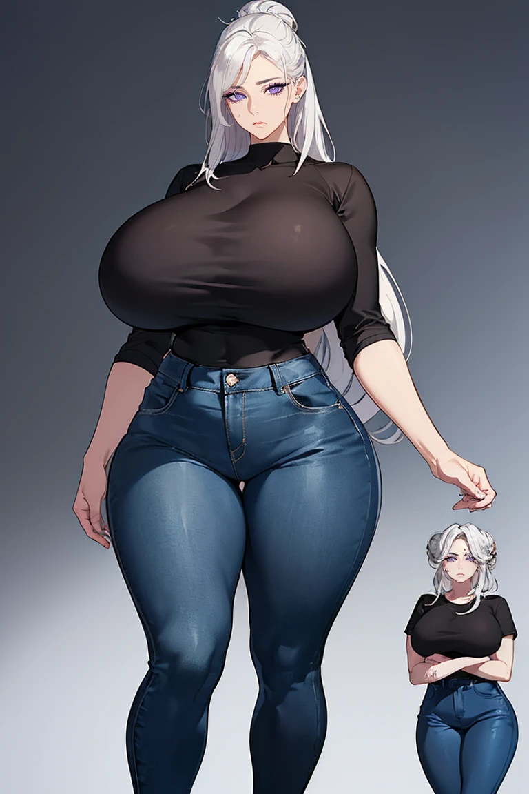 (Uhd, Masterpiece, Textured Skin, Super Detail, High Details, High Quality, Best Quality), Detailed Face, 1woman, mature pretty woman, ((Wide hips, thick thighs, massive huge breasts)), (Huge Body:1.5), (Silver hair tied in a bun, long hair), (Short black top shirt, jeans pants), standing