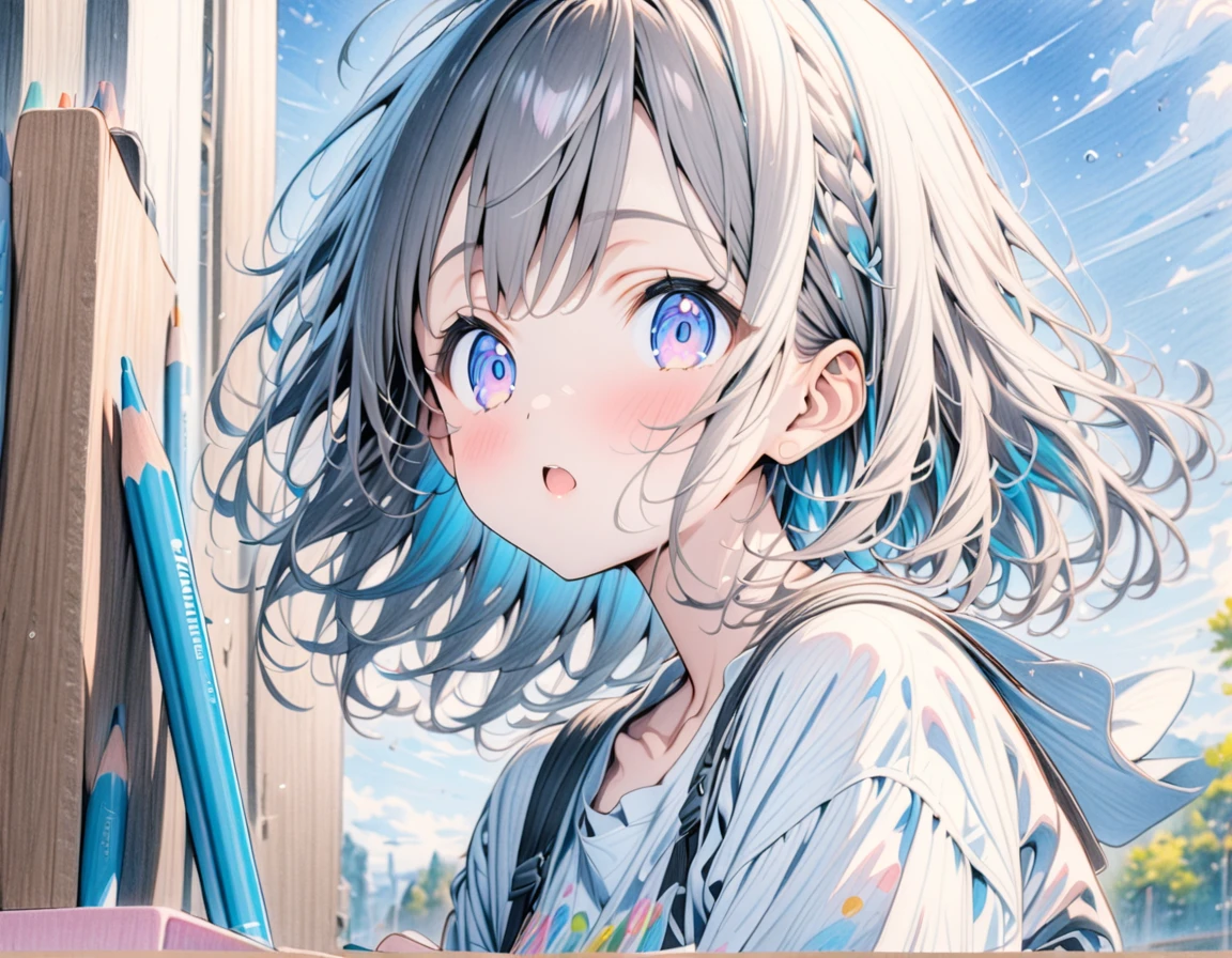 ((style:Colored pencil,pale colour)),(anime)、(masterpiece:1.2),blue sky、A big jump into the sky、girl、cute