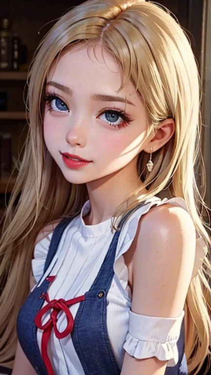 blush a little and smile, (Top quality masterpiece:1.2) Delicate illustrations, Very detailed, /Beautiful Japanese Women、1 person,Very cute and slim、Great style 、((8K images、super high quality))、Very delicate face, Skin and Hair、beautifule forehead、Red lipstick、(((((Mid-length hair、Blonde、lure))))),Very cute Japanese cut face、Eyes and nose are clearly visible、Kind eyes,((((Sleeveless fashion))))