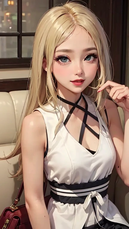 blush a little and smile, (Top quality masterpiece:1.2) Delicate illustrations, Very detailed, /Beautiful Japanese Women、1 person,Very cute and slim、Great style 、((8K images、super high quality))、Very delicate face, Skin and Hair、beautifule forehead、Red lipstick、(((((Mid-length hair、Blonde、lure))))),Very cute Japanese cut face、Eyes and nose are clearly visible、Kind eyes,((((Sleeveless fashion))))