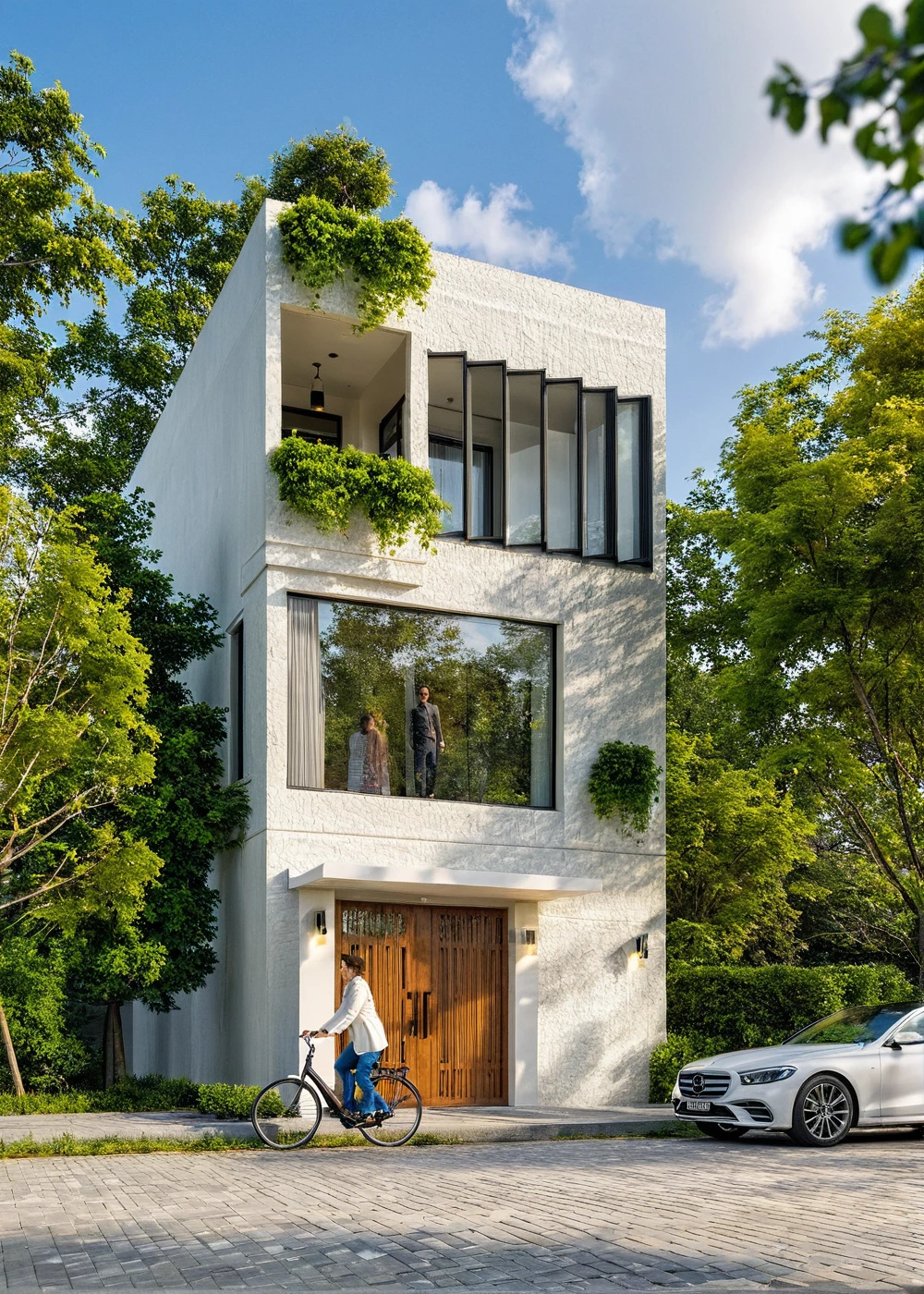 Masterpiece, high quality, best quality, authentic, super detail, outdoors, onestoreyvillaXL, aiaigroup, house style modern on the street ,stairs, white wall ,road,pavement, grass, trees, sky, cloud, (daylight:1.1)
