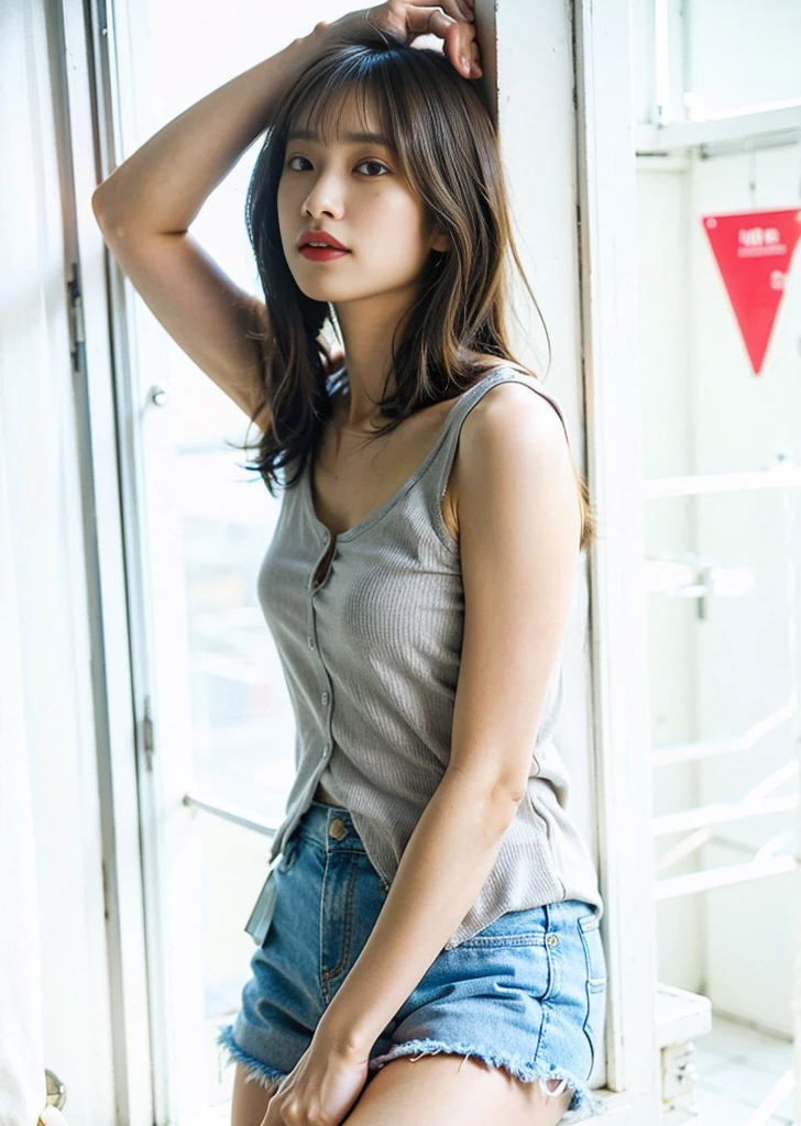 Alafed woman in tanned top and denim shorts poses for photo, Bae Suzy, Wearing : Tank top, Slim girl model photo, Korean female fashion model, Wear a cute top, Wearing a Tank Top, Wearing a camisole, Wearing a Tank Top, medium portrait top light, Cindy Avelino, Gorgeous Young Korean Woman, crystal