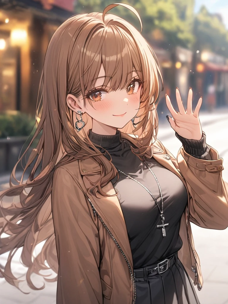 ((masterpiece, best quality)), very aesthetic, absurdres, One girl, Ahoge, bangs, black skirt, black sweater, Blurred, Blurred background, chest, Brown eyes, Brown Hair, brown Jacket, Mouth closed, Day, Depth of written boundary, Earrings, eyelash, Raise your hand, Tilt your head, Jacket, jewelry, Long Hair, Long sleeve, View Viewer, medium chest, Manicure, Open clothes, open Jacket, Outdoor, Pursed lips, Tucked in shirt, Side Lock, skirt, Sleeves are longer than the wrist, alone, sweater, Upper Body, zipper, smile,