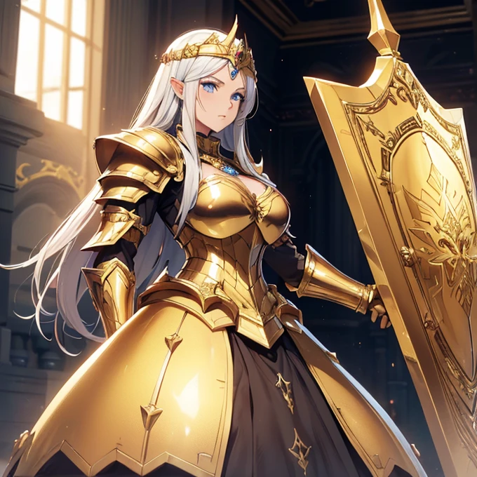 (absurdres, best high quality image, carefuly detailed features and textures, very detailed image, solo character alone, full character vew): {{Elf queen 1.000 years old mature milf}, (beautiful sexy face, beautiful light blue eyes, golden long hair, golden eyebrows) (full armored, no visible face and other body skin), (Full plate royal bulky heavy golden armor, big golden shoulder plates, full golden breastplate, full golden steel boots, full golden gauntles, golden chain mail under the armor, golden scale mail under the armor, full golden helmet adorned with golden magic wings, front visor, golden helmet crest), (holding a golden sword with her right arm, holding a huge golden shield with her left arm), (hostile demeanor), (standing on guard at her golden throne room, holding fiercely her sword and shield)}}