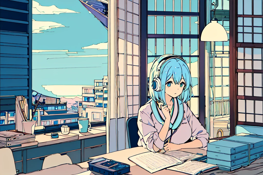 pastel colour、Beautiful girl studying at a desk in her room while listening to music with headphones、Light blue hair、radio、Coffee cup、 quiet night,Japanese anime