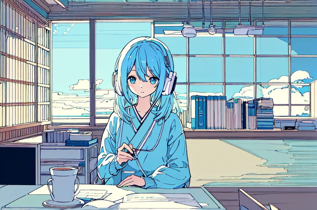 pastel colour、Beautiful girl studying at a desk in her room while listening to music with headphones、Light blue hair、radio、Coffee cup、 quiet night,Japanese anime