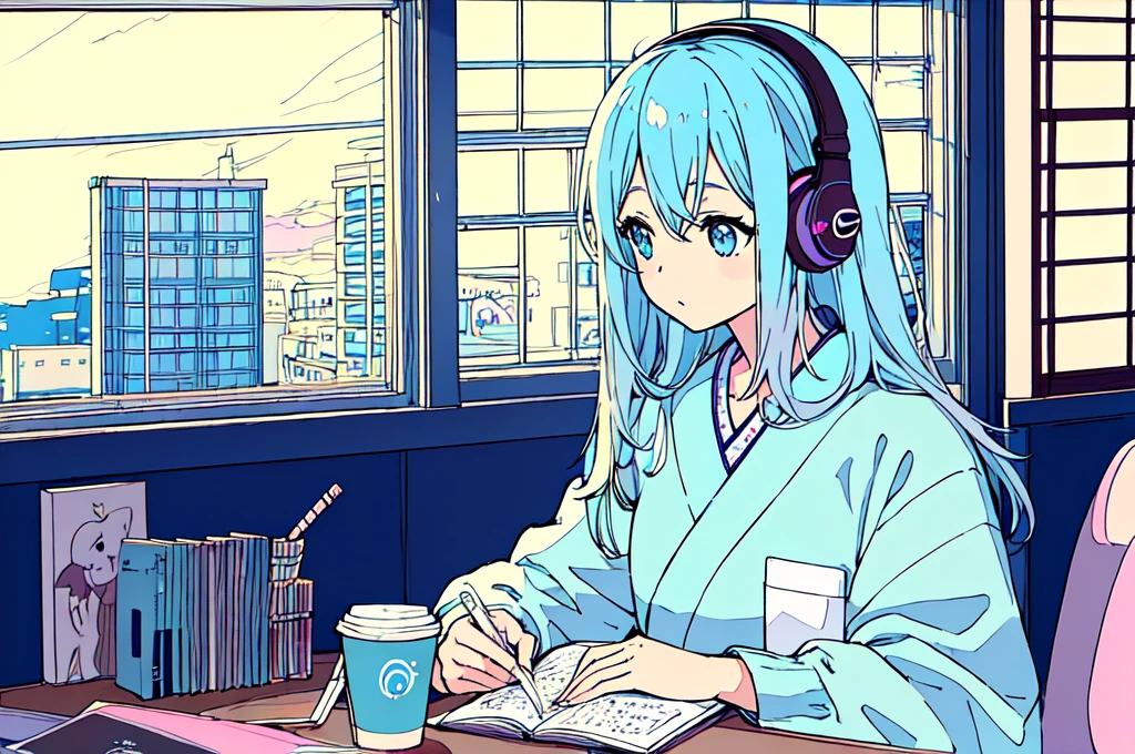 pastel colour、Beautiful girl studying at a desk in her room while listening to music with headphones、Light blue hair、radio、Coffee cup、 quiet night,Japanese anime