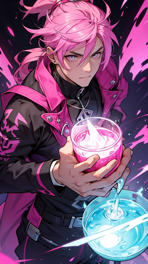 Male, alchemist, Hot pink hair, white eyes