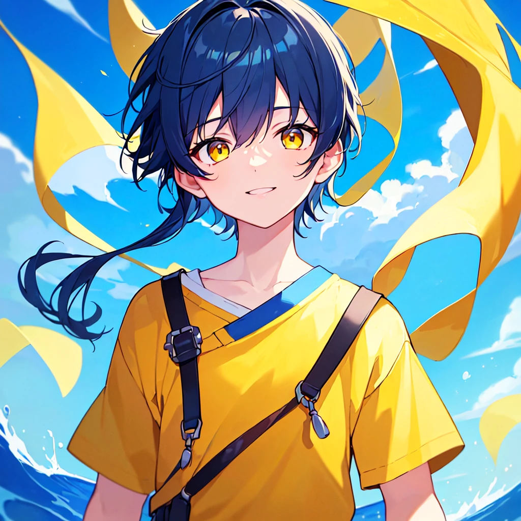 [(SUMMER BACKGROUND:1.5),::5], ((((masterpiece)))), high quality, very_high_resolution, large_filesize, upper body, full color, ((Solo)), ((little boy)), 13 old year, men's short deepblue hair, vivid color, ((yellow eye)), Summer clothes white, animestyle, light smile