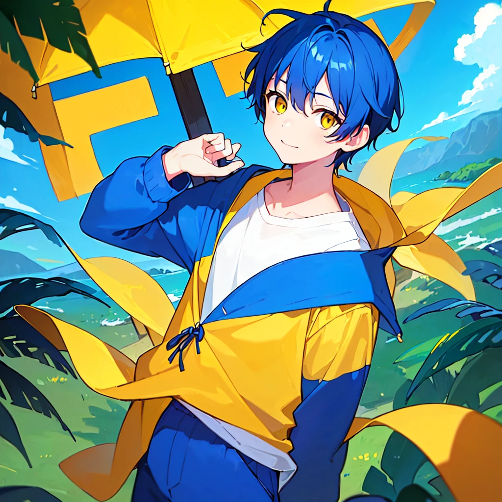 [(SUMMER BACKGROUND:1.5),::5], ((((masterpiece)))), high quality, very_high_resolution, large_filesize, upper body, full color, ((Solo)), (()), 13 old year, men's short deepblue hair, vivid color, ((yellow eye)), Summer clothes white, animestyle, light smile