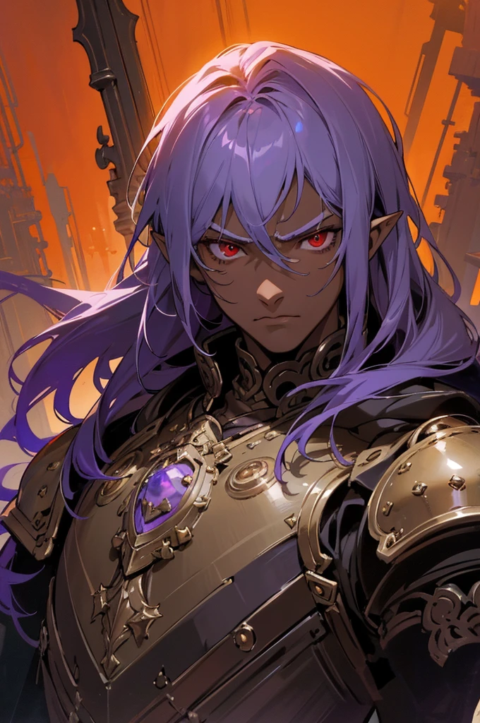 masterpiece, best quality, ultra high res, dark theme, 1boy, (dungeonpunk armor), (mechanical steampunk armor), (wearing armor), fantasy illustration, dark skinned, human, upper body, portrait, red eyes, long white hair, half-drow, pointy ears, serious face, young man, dramatic lighting, purple hue, art by Kinema Citrus
