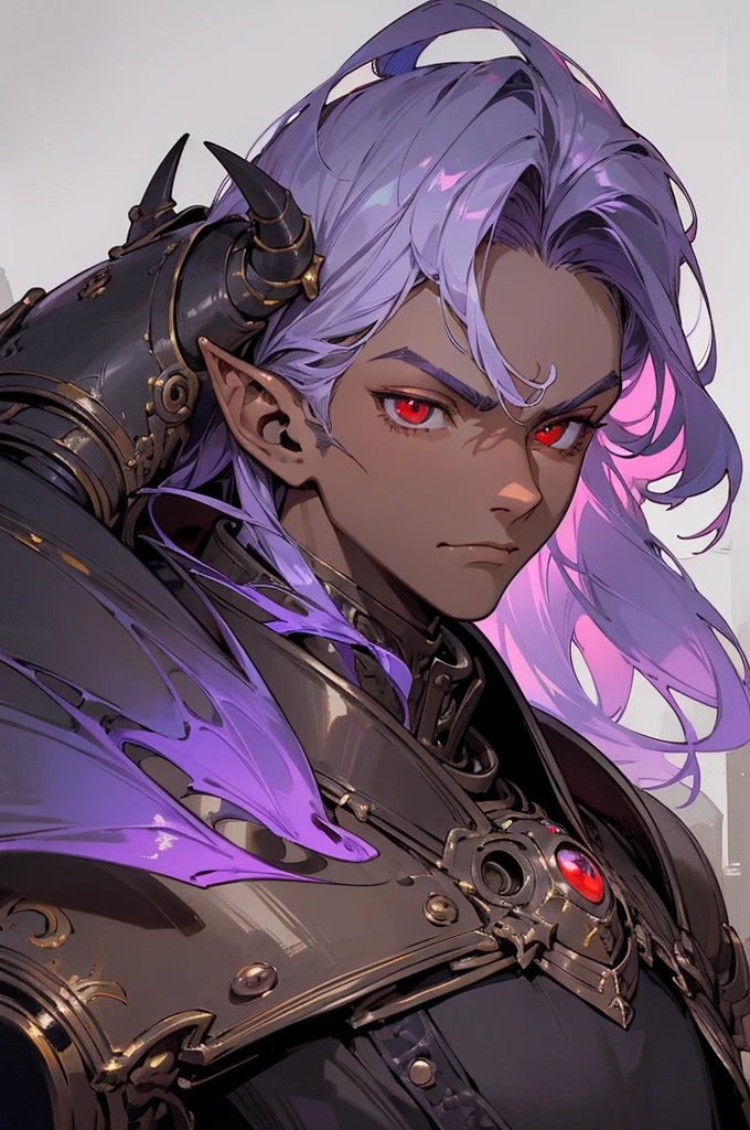 masterpiece, best quality, ultra high res, dark theme, 1boy, (dungeonpunk armor), (mechanical steampunk armor), (wearing armor), fantasy illustration, dark skinned, human, upper body, portrait, red eyes, long white hair, half-drow, pointy ears, serious face, young man, dramatic lighting, purple hue, art by Kinema Citrus