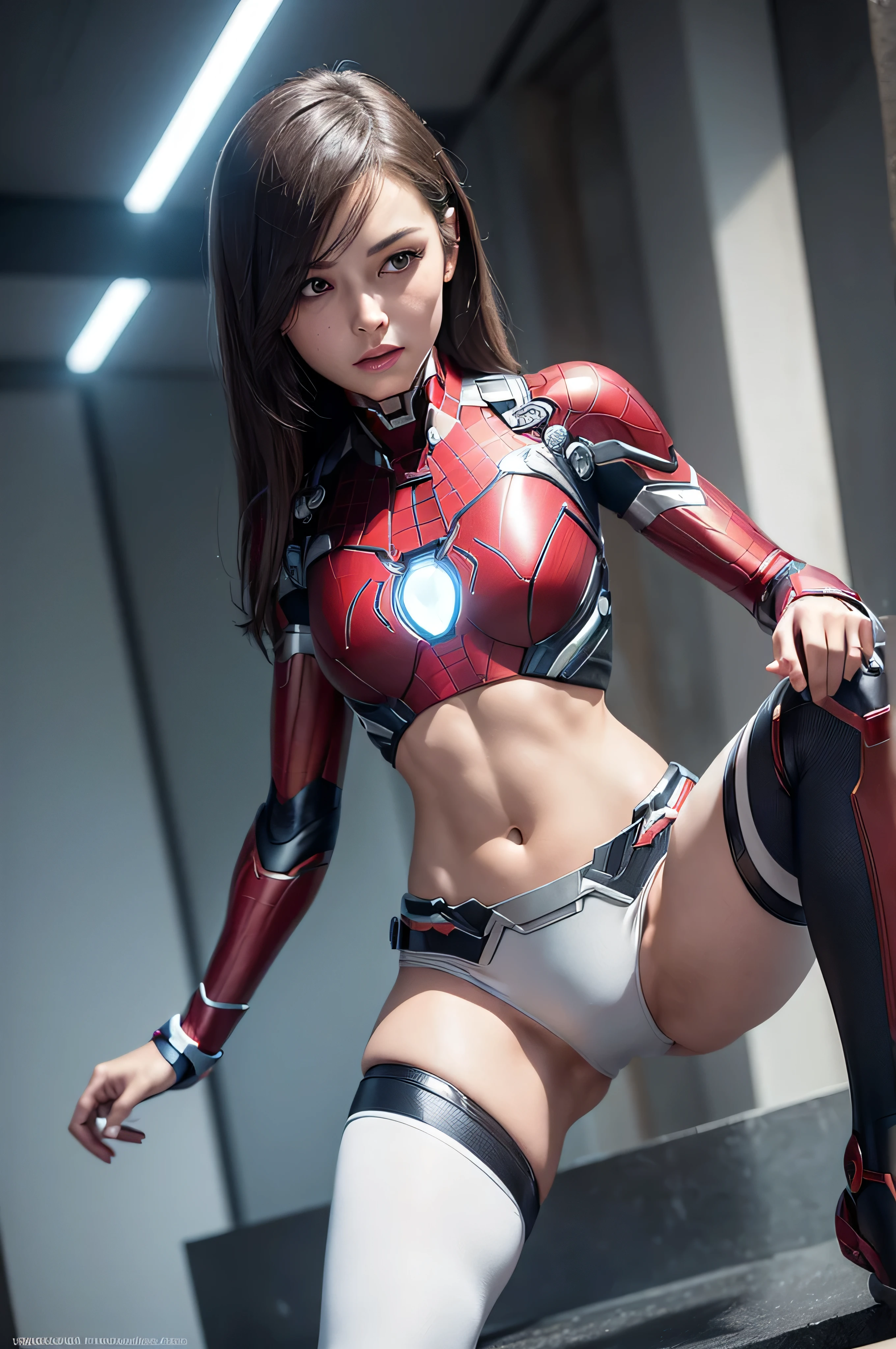 ((masterpiece, 8K, 3D, Realistic, Super Detail)), (1girl:1.3), slender age, Ultra Micro photography, Melissa Benoist Super realistic, Perfect face, 16K resolution, 4k resolution, The photo was taken from the Front, facing to the photographer, Foreground photo, dynamic lighting, posing on a pedestal, high-definition resolution, Beautiful features, ((Perfect female Model Slim body)) Beautiful features, Standing pose, ((small hip)), (((2 piece Hotpants-Bikini))), Sci-fi futuristic, ((Iron man armor)) ((bionic Fragmented Super Girl chest armor suit)), ((Exposed slim thighs)), wear mesh metal-stockings, ((slim thighs)), ((bionic Slim thighs Spider man armor)), Front Full body Shot, full body portrait, perfect legs, Iron Man shoes, futuristic city background