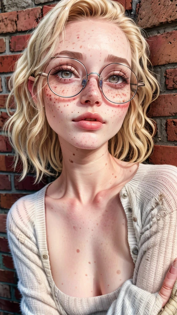 dynamic close-up of the upper part of 1 Russian woman, legitimate albino, extremely slim and beautiful, perfect body, (well-shaped and delicate face with (freckles)), skin with highly detailed depth, she is leaning against a brick wall, (hair Long, slightly messy and shiny wavy blonde hair, hair over the eyes), (detailed, large, bright eyes, light brown eyes, curled eyelashes, large glasses), (sensual pout with mouth), wearing a short sweater showing the shoulders, (she is sweaty (shining with sweat)), ultra realistic image, Perfect symmetry, vibrant and sharp, dynamic vision, high quality, hyper-realistic and cinematic 32k.