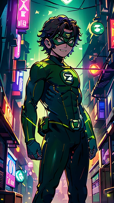 best quality,masterpiece,1boy,solo,(((13years old))),japanese boy,an extremely cute and handsome boy,highly detailed beautiful face and eyes,petit,cute face,lovely face,baby face,shy smile,show teeth, Brown hair,Short hair,flat chest,skinny,slender,(((wearing a Green Lantern costume, Green hero mask style))),(((standing in Dark Midnight Neon Glow light Cyberpunk metropolis city))),he is looking at the viewer,