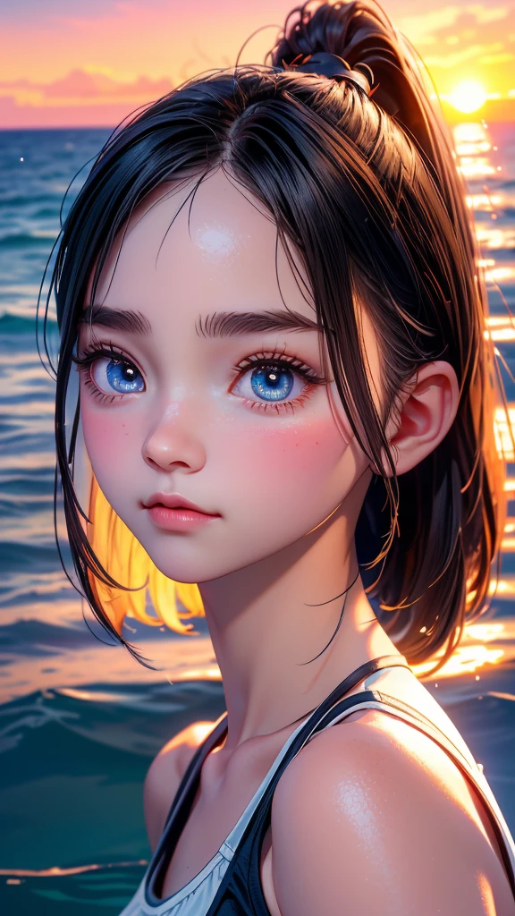 One Girl,(1人のとてもcute女の子:1.3),masterpiece,Highest quality,High resolution,From below,Low - Angle,Photorealistic,RAW Photos,Ray Tracing,beautiful girl,(15 years old:1.3),cute,Big eyes,(detailed pupils:1.2),(The face is facing straight ahead:1.3),Body facing forward,Beautiful nose,High nose,Upturned nose,Fuller lips,Short black hair,ponytail,short hair,Detailed eyelashes,Thin eyebrows,Very fine grain definition,(Symmetrical eyes:1.3),(Face close-up,Face Focus:1.0),Small breasts,Short neck,White swimsuit,White Bikini,The background is the sea,Southern Island,sunset,Sunset,Portrait,View Viewer,Upper Body,Cinema Lighting,High resolution,Very detailed