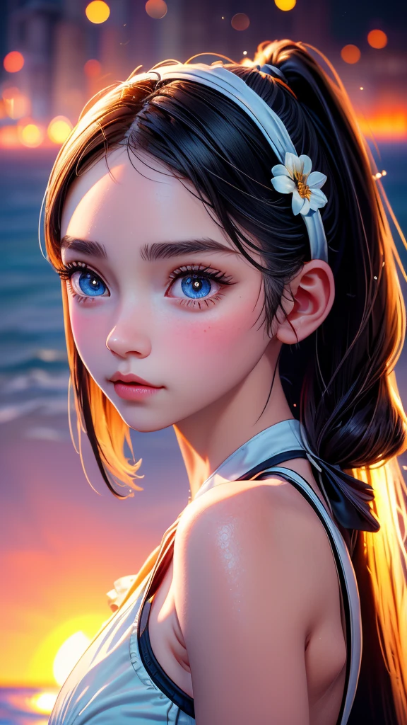 One Girl,(1人のとてもcute女の子:1.3),masterpiece,Highest quality,High resolution,From below,Low - Angle,Photorealistic,RAW Photos,Ray Tracing,beautiful girl,(s old:1.3),cute,Big eyes,(detailed pupils:1.2),(The face is facing straight ahead:1.3),Body facing forward,Beautiful nose,High nose,Upturned nose,Fuller lips,Short black hair,ponytail,short hair,Detailed eyelashes,Thin eyebrows,Very fine grain definition,(Symmetrical eyes:1.3),(Face close-up,Face Focus:1.0),Small breasts,Short neck,White swimsuit,White Bikini,The background is the sea,Southern Island,sunset,Sunset,Portrait,View Viewer,Upper Body,Cinema Lighting,High resolution,Very detailed