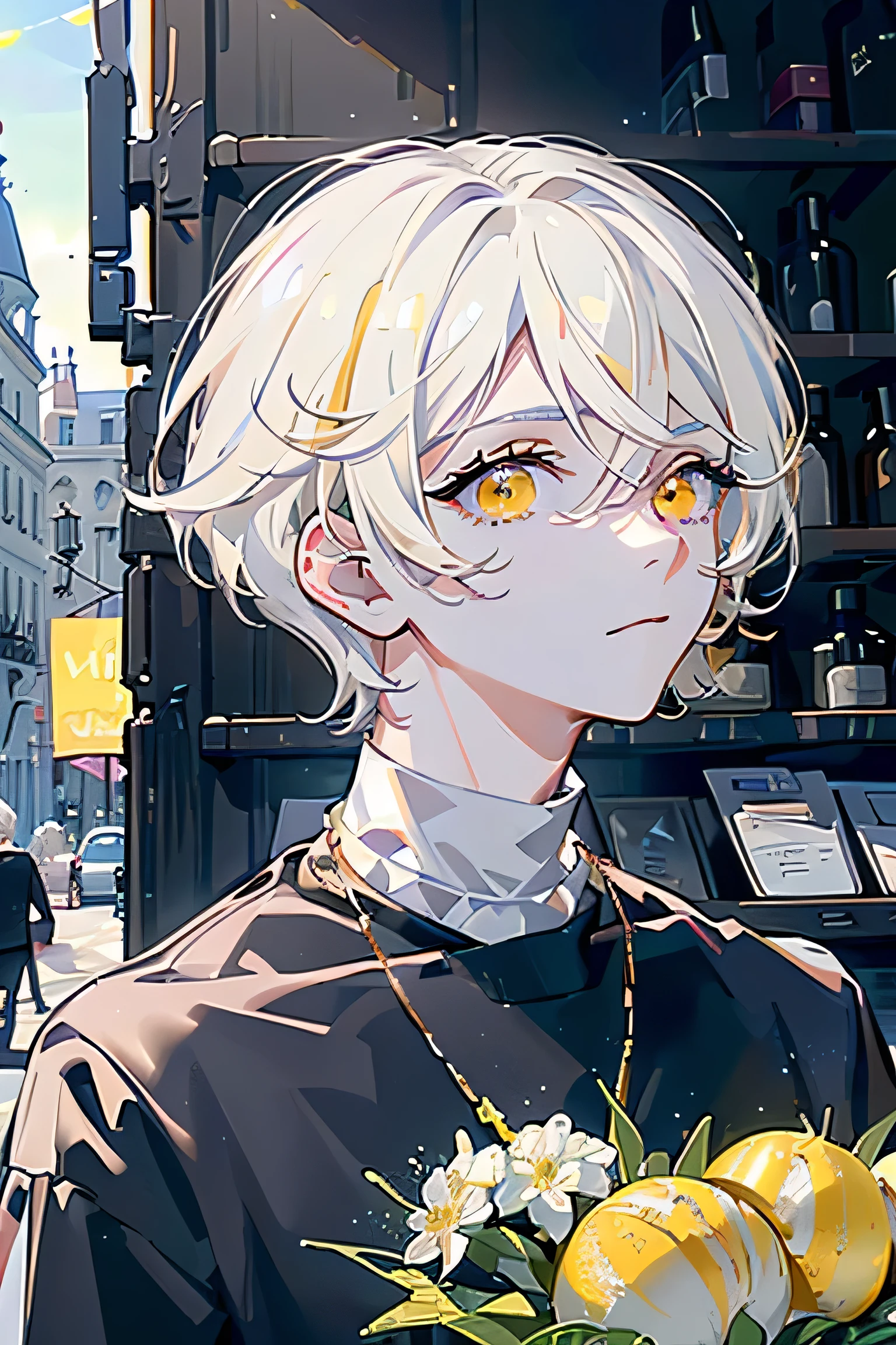 absurdres, uhd, 5k, masterpiece, (((HDR))), ((best quality)), (ultra high quality), (hi-res), ((1boy)), male, (colored eyelashes), (((gold eyes))), ((golden eyes)), detailed eyes, (((adult))), (((white hair))), (((very short hair))), ((smooth hair)), (round hair), ((layered hair)), ((short bangs)), (((bangs above eyes))), ((white eyebrows)), (((white eyelashes))), white colored eyelashes, (white long sleeve shirt), black pants, ((casual clothes)), (facing viewer), ((turn to viewer)), (((portrait))), at food market, medieval market, merchant stalls, ((outside)), sunlight, daytime, sun, traveling, walking, cobblestone road