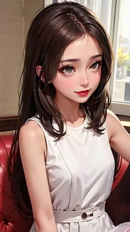 blush a little and smile, (Top quality masterpiece:1.2) Delicate illustrations, Very detailed, /Beautiful Japanese Women、1 person,Very cute and slim、Great style 、((8K images、super high quality))、Very delicate face, Skin and Hair、beautifule forehead、Red lipstick、(((((Mid-length hair、Brown Hair、lure))))),Very cute Japanese cut face、Eyes and nose are clearly visible、Kind eyes,((((Sleeveless fashion))))