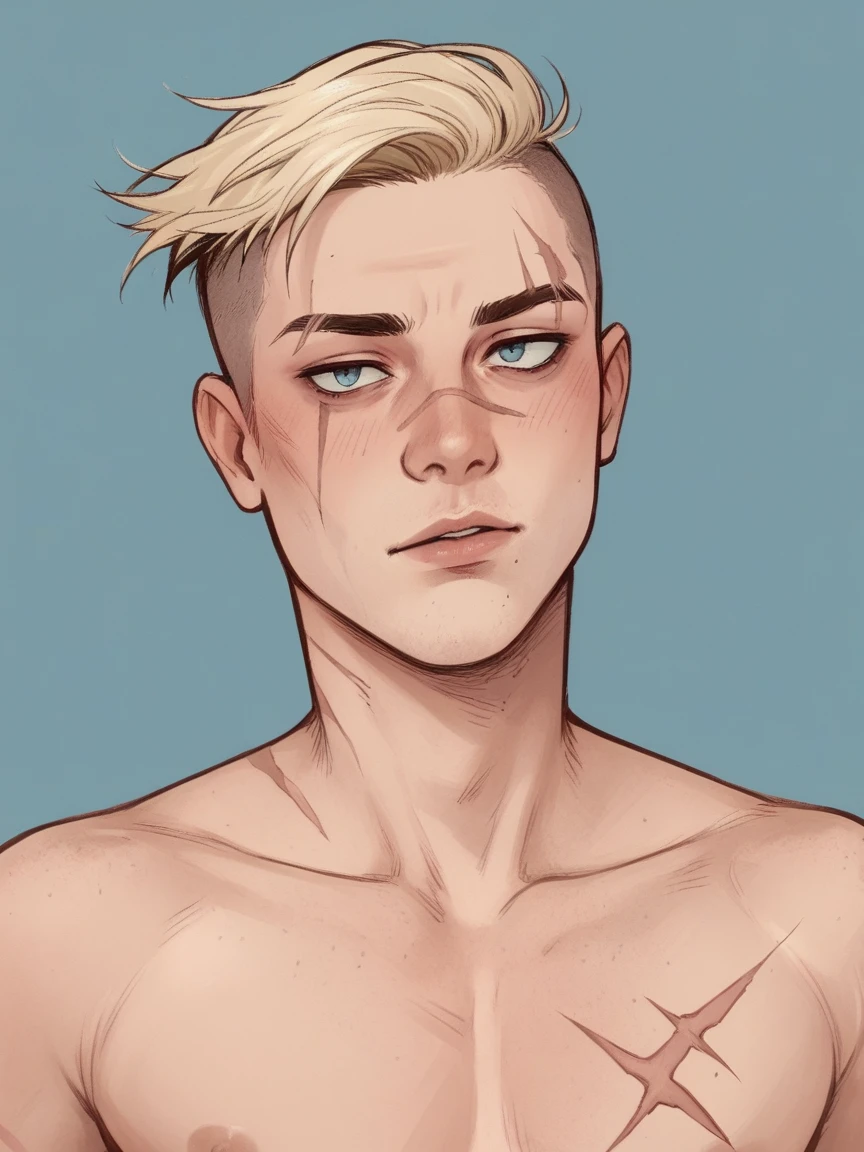 A young, muscular man in his 20s、Blue Eyes、Blonde、Short Hair、Sports haircut、Perfect body、Embarrassed face、Fighter、Dripping Sweat、Your body is wet、Half naked