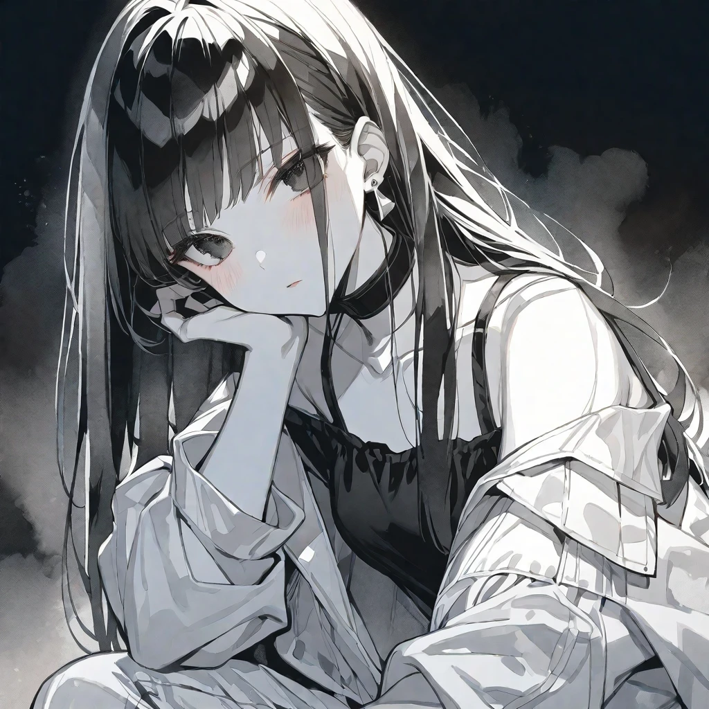 solo, handsome, monochrome,watercolor,
1. Female,
Hime cut,Straight Hair,long Hair, 
black color hair, 
Nakano Yotsuba,
BLACK Eyes,Soft look,beautiful,beautiful,Sexy,Darkness,Lots of silver earrings,choker,
White Off Shoulder,White Distressed jeans,パーカー ,skin,
BLACK  background,