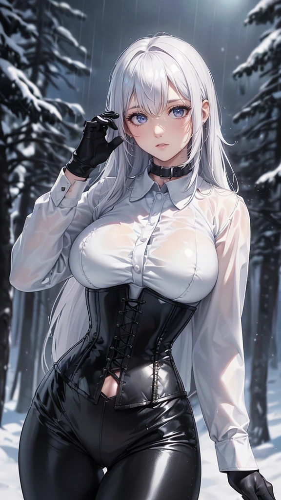 Masterpiece, Best Quality, (perfect anatomy,realist:1.3, view from front, facial focus,(without looking at the viewer:1.2), (1 girl in:1), 1 woman, (big breasts:1.2), sexy body, thin waist, Attractive front curves, round and soft chest, disgusted face, (black fur:1.6, long hair), evening, Heavy Rain, exterior, City, crop top, he wears transparent glasses, choker 1:6, (White long sleeve collar shirt:1.4), (corset black leather), black gloves covering up to the elbow, (shiny black leggings), blood stains, snowy dark forest, snow, night sky, Atmosphere, perfect hands