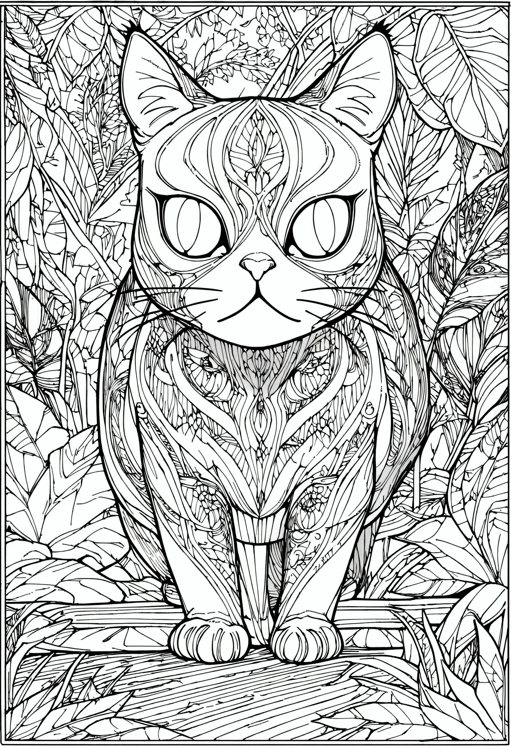 A drawing of a Burmese cat lying in a jungle field., coloring page, very detailed illustration, very detailed lines, extremely detailed line work, Very detailed portrait, incredibly detailed line of work, hyper detailed line art, Very detailed drawing, line art coloring page, very detailed illustration.", extremely detailed portrait, very detailed illustration, very detailed artwork, detailed digital drawing