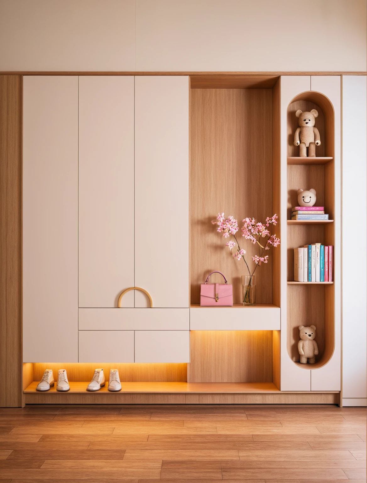 Raw photo,Masterpiece, high quality, best quality, authentic, super detail, interior, shoes Cabinet style modern luxury , sunset, daylight, shoe cabinets, decorative cabinets, flower vases, decorations, books, wooden floor, handbags, shoes, bearbrick, (pink and white tones)