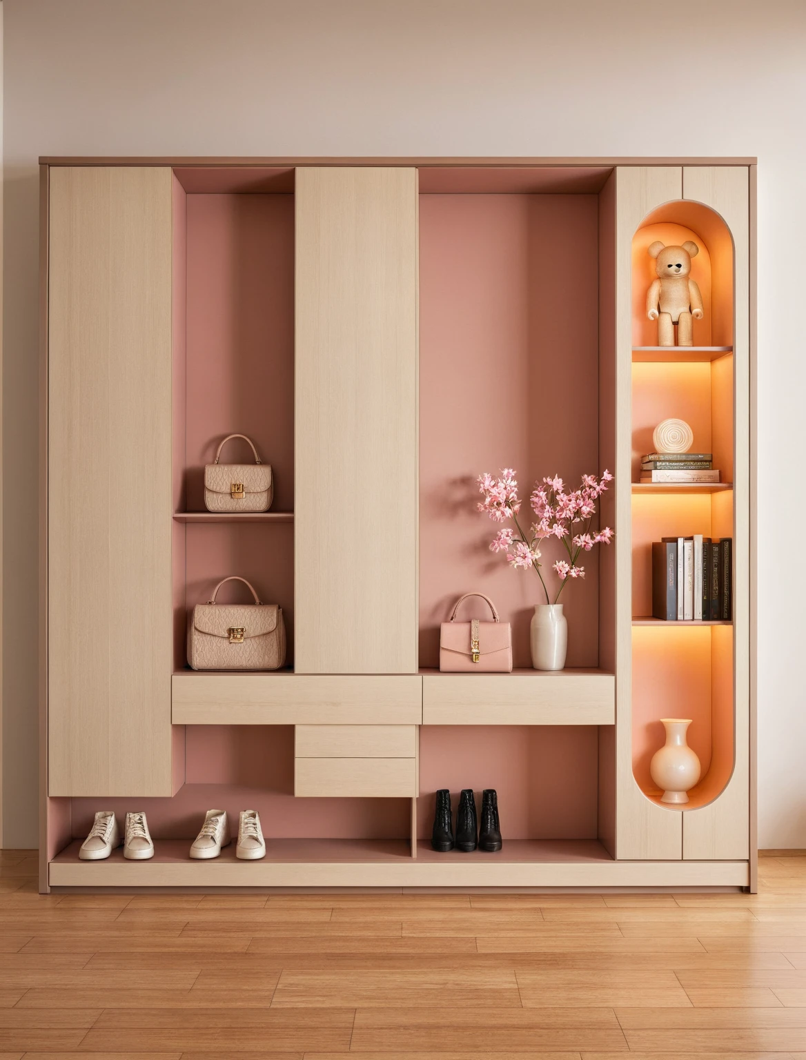 Raw photo,Masterpiece, high quality, best quality, authentic, super detail, interior, shoes Cabinet style modern luxury , sunset, daylight, shoe cabinets, decorative cabinets, flower vases, decorations, books, wooden floor, handbags, shoes, bearbrick, (pink and white tones)