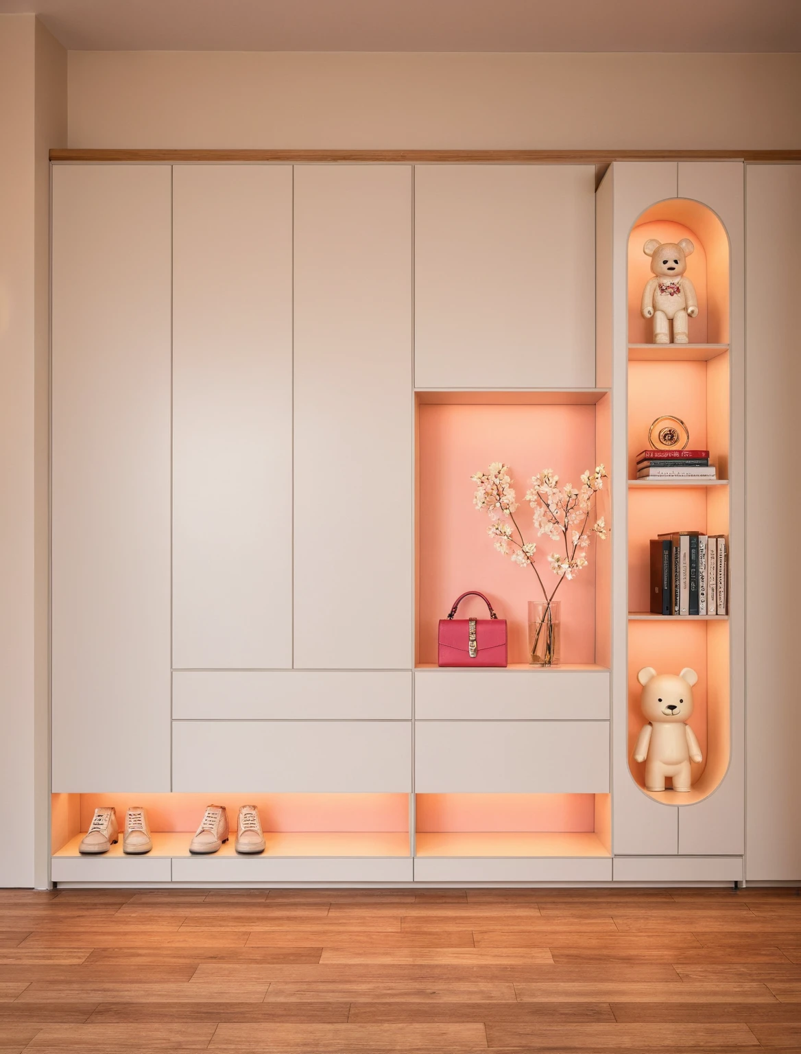 Raw photo,Masterpiece, high quality, best quality, authentic, super detail, interior, shoes Cabinet style modern luxury , sunset, daylight, shoe cabinets, decorative cabinets, flower vases, decorations, books, wooden floor, handbags, shoes, bearbrick, (pink and white tones)