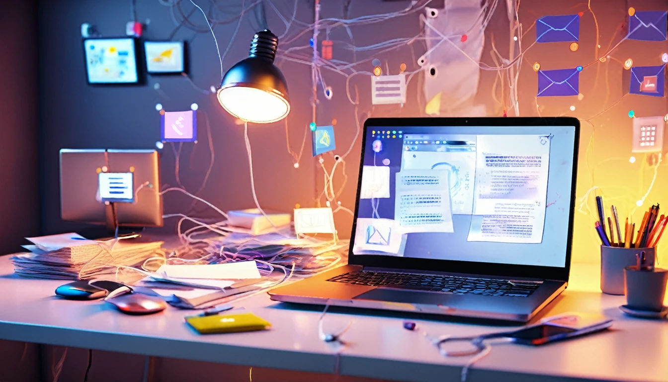 A modern laptop on a desk, with the screen showing a reboot error message. Next to the laptop, an old desktop computer with various software update notification icons flashing on the screen,background A messy workspace, with papers, cables and other electronic objects on the surface, soft lighting, soft details, futuristic air.