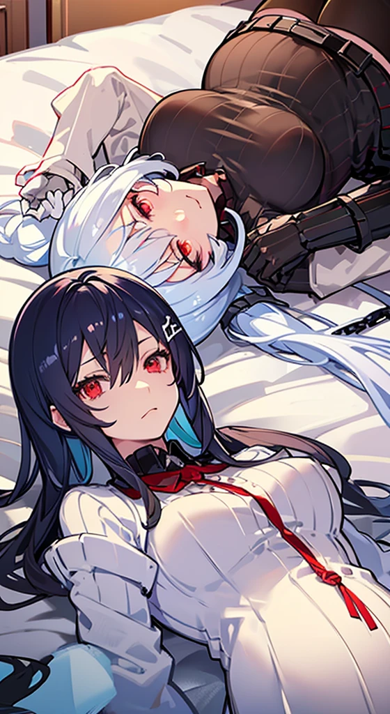 Two anime people, one guy with long loose black hair, one girl with long white hair and red eyes, pregnant, laying on a bed, chains, sad, being bitten.