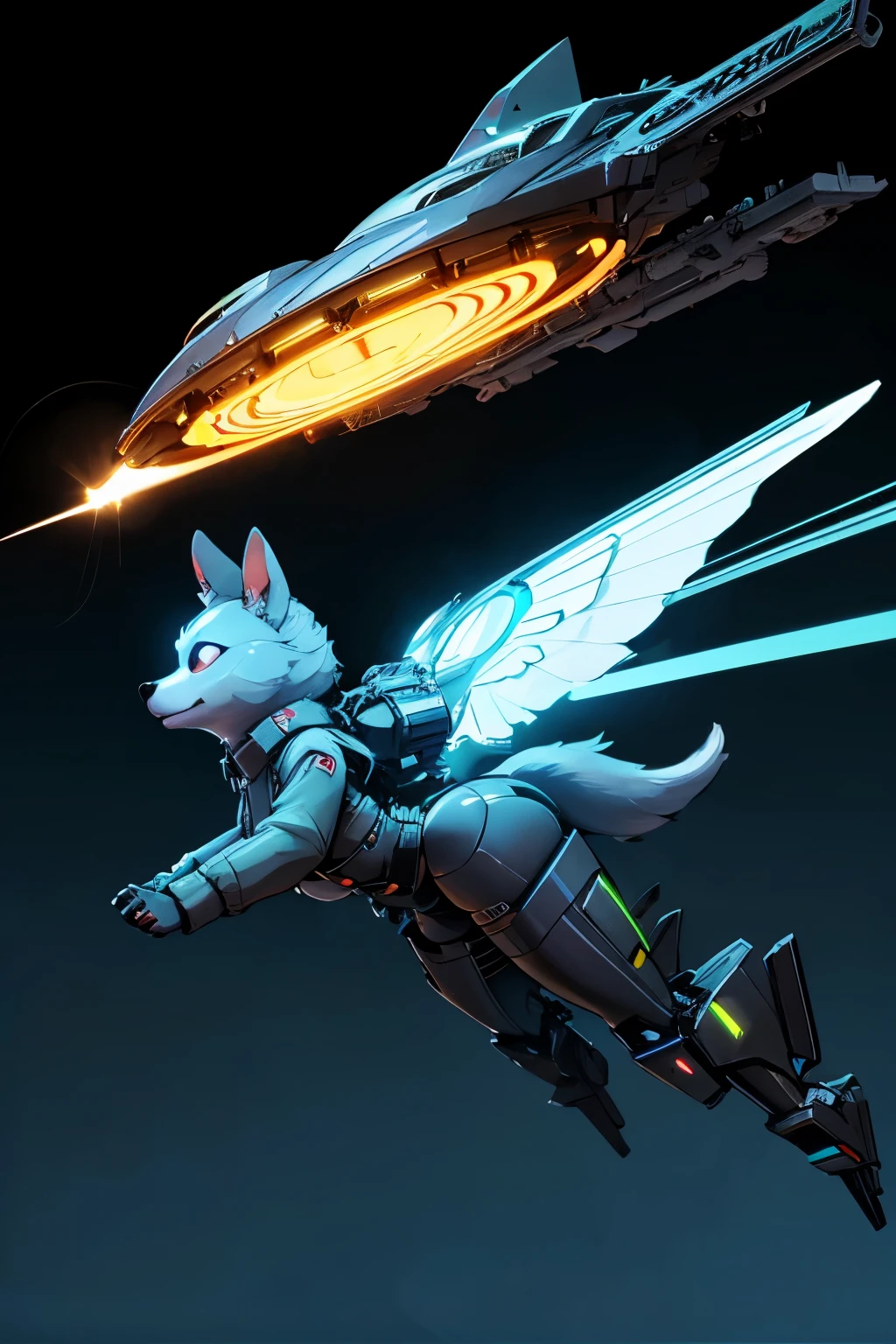 "A long-eared yellow corgi transformed into a flying mount. The corgi is wearing high-tech clothing, including glowing patterns and transparent materials (non-mech type), with advanced transportation features such as anti-gravity devices and hover technology. No wings should be used. The corgi is in a flying pose with a determined expression. The design is cool and stylish with a cyberpunk theme. The angle is a three-quarter side view, and the image should have a 3D rendered effect."