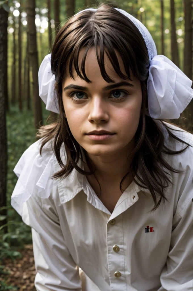 real person, it's a girl, straight black hair, eyes are brown, bushy eyebrows, she has fluffy pink lips
